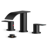 TVOFEK 8 inch Waterfall Bathroom Faucet 3 Hole, Black Widespread Bathroom Water Faucets with Metal Pop-up Drain and Supply Lines for Vanity Farmhouse, Stainless Steel Faucets