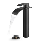 TVOFEK Tall Waterfall Bathroom Vessel Sink Faucet, One Hole Black Bathroom Faucet with Metal Pop up Drain for Basin Bath