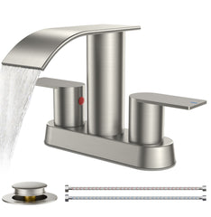 TVOFEK Waterfall Centerset Bathroom Faucets for 2 or 3 Hole with Metal Pop up Drain and cUPC Hose, 4 inch Bathroom Sink Faucet for Vanity RV Lavatory