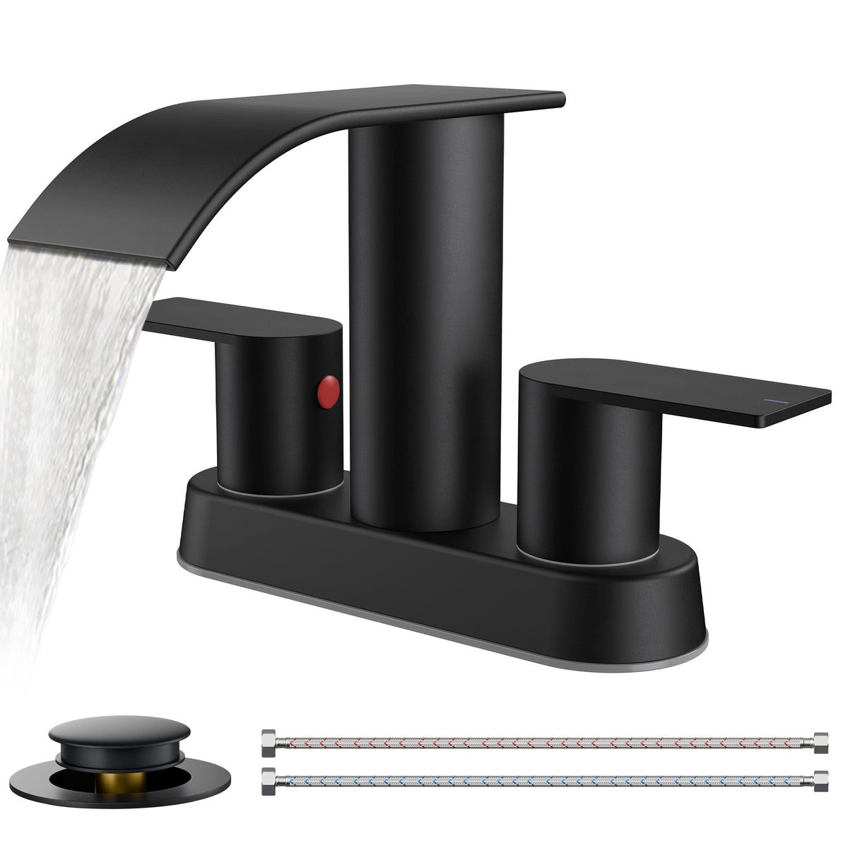 TVOFEK Waterfall Centerset Bathroom Faucets for 2 or 3 Hole with Metal Pop up Drain and cUPC Hose, 4 inch Bathroom Sink Faucet for Vanity RV Lavatory