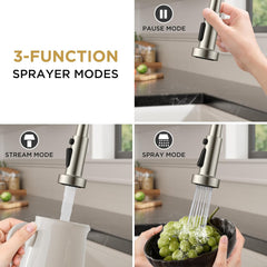 TVOFEK Matte Black Kitchen Faucet with Sprayer 3-Mode, Commercial Single Handle Stainless Steel Sink Faucets with Deck Plate for RV Bar Laundry Camper Farmhouse