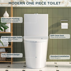 TVOFEK Comfort Height Modern One Piece Toilet, 1.1/1.6 GPF Elongated Dual Flush Toilet with Soft Closing Seat, Standard Modern Toilet for Bathroom, 12" Rough-In