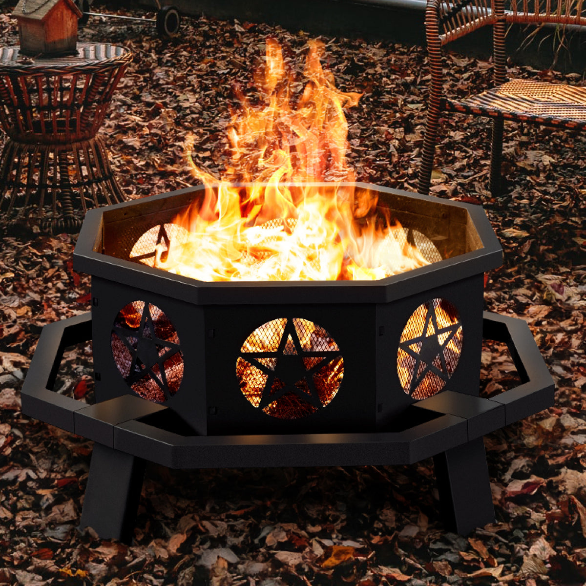 TVOFEK 43 inch Octagon Fire Pit with Grill and Poker, Large Wood Burning Firepits, Outdoor Fire Barrell for Bonfire, Backyard, Patio, Picnic, Camping, Black