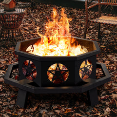 TVOFEK 43 inch Octagon Fire Pit with Grill and Poker, Large Wood Burning Firepits, Outdoor Fire Barrell for Bonfire, Backyard, Patio, Picnic, Camping, Black