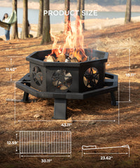 TVOFEK 43 inch Octagon Fire Pit with Grill and Poker, Large Wood Burning Firepits, Outdoor Fire Barrell for Bonfire, Backyard, Patio, Picnic, Camping, Black