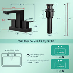 TVOFEK Black Bathroom Faucet 2 or 3 Hole, 4 inch Bathroom Sink Faucet Square Stainless Steel with Metal Pop up Drain and cUPC Hoses for Vanity RV Restroom