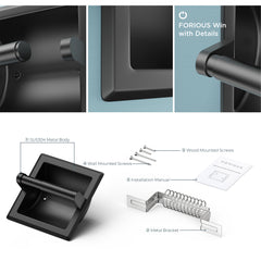 TVOFEK Recessed Toilet Paper Roll Holder, Stainless Steel Wall Mount Tissue Roll Holder for Bathroom with Mounting Bracket, Matte Black