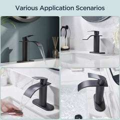 TVOFEK Waterfall Bathroom Faucets, Black Single Handle Bathroom Water Faucet with Metal Pop up Drain and Deck Plate for Basin RV Lavatory Vanity