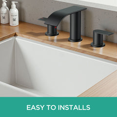 TVOFEK 8 inch Waterfall Bathroom Faucet 3 Hole, Black Widespread Bathroom Water Faucets with Metal Pop-up Drain and Supply Lines for Vanity Farmhouse, Stainless Steel Faucets