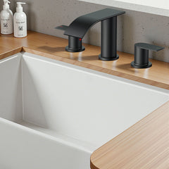 TVOFEK 8 inch Waterfall Bathroom Faucet 3 Hole, Black Widespread Bathroom Water Faucets with Metal Pop-up Drain and Supply Lines for Vanity Farmhouse, Stainless Steel Faucets