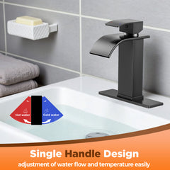 TVOFEK Black Waterfall Bathroom Faucet 1 or 3 Hole, Single Handle Bathroom Sink Faucet with Deck and Pop-up Drain for Lavatory Washbasin