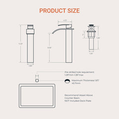 TVOFEK Tall Waterfall Bathroom Vessel Sink Faucet, One Hole Black Bathroom Faucet with Metal Pop up Drain for Basin Bath