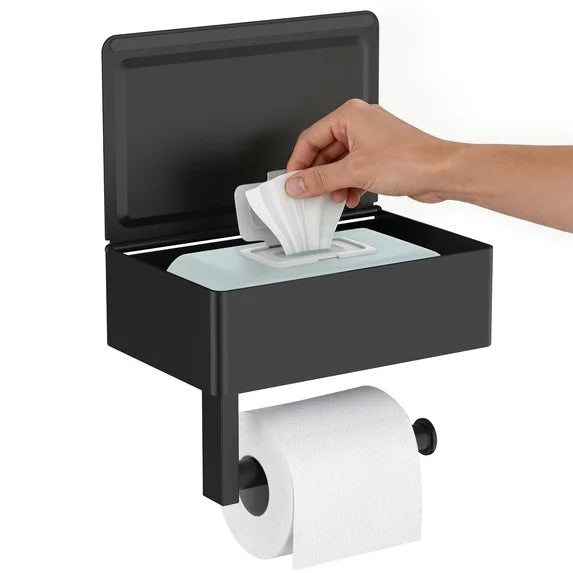 TVOFEK Matte Black Wall Mount Toilet Paper Holder with Shelf, Stainless Steel Hidden Flushable Wipes Dispenser for Bathroom Sanitary Napkins, Tampons