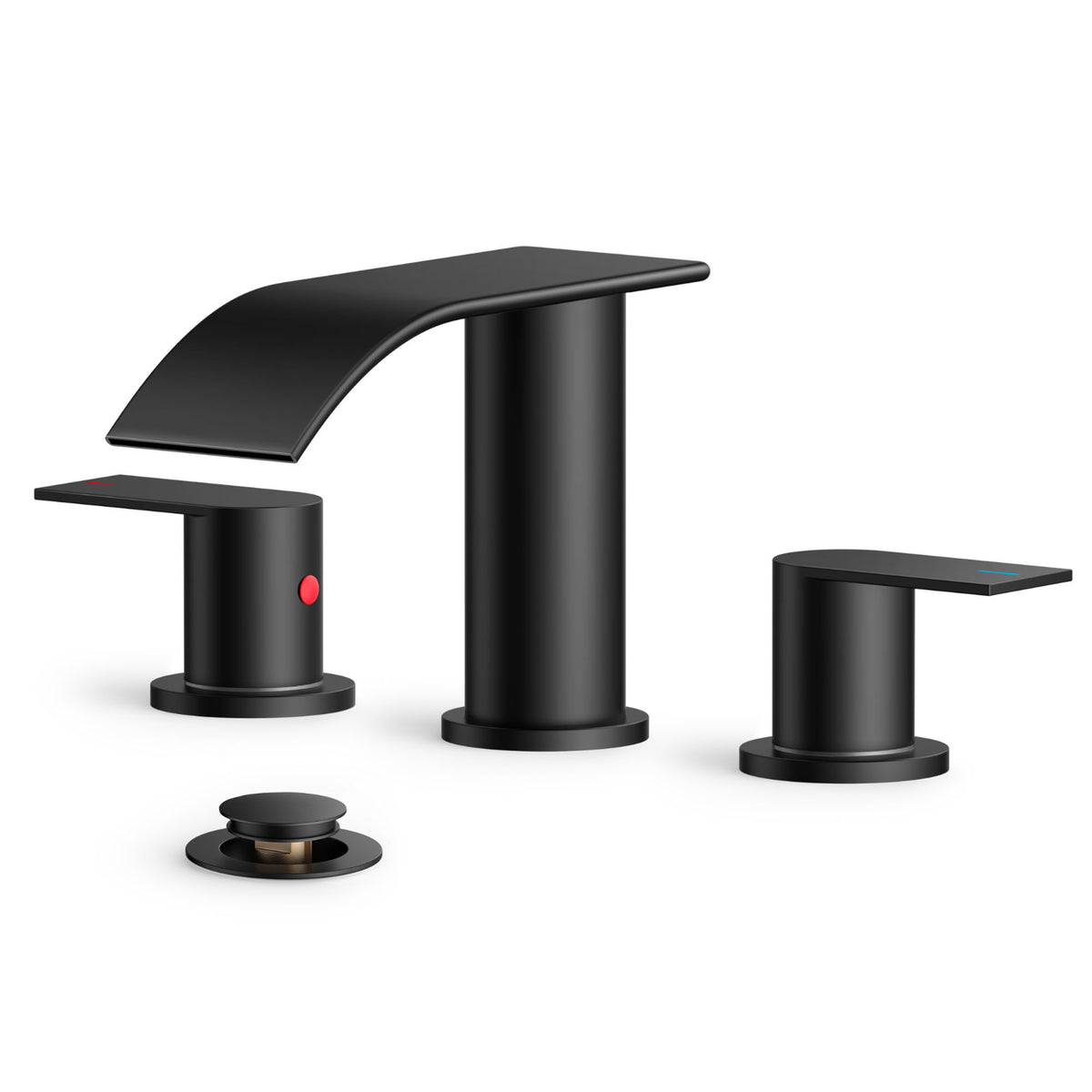 TVOFEK 8 inch Waterfall Bathroom Faucet 3 Hole, Black Widespread Bathroom Water Faucets with Metal Pop-up Drain and Supply Lines for Vanity Farmhouse, Stainless Steel Faucets