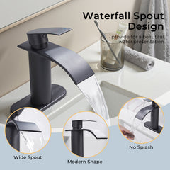 TVOFEK Waterfall Bathroom Faucets, Black Single Handle Bathroom Water Faucet with Metal Pop up Drain and Deck Plate for Basin RV Lavatory Vanity