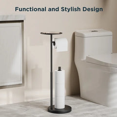 TVOFEK Black Toilet Paper Holder Stand with Top Storage Shelf, Adjustable Height Toilet Paper Roll Holder Free Standing, 304 Stainless Steel and Weighted Base