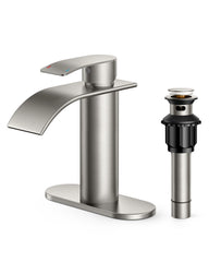 TVOFEK Waterfall Bathroom Faucets, Black Single Handle Bathroom Water Faucet with Metal Pop up Drain and Deck Plate for Basin RV Lavatory Vanity
