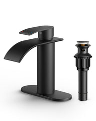 TVOFEK Waterfall Bathroom Faucets, Black Single Handle Bathroom Water Faucet with Metal Pop up Drain and Deck Plate for Basin RV Lavatory Vanity