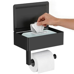 TVOFEK Matte Black Wall Mount Toilet Paper Holder with Shelf, Stainless Steel Hidden Flushable Wipes Dispenser for Bathroom Sanitary Napkins, Tampons