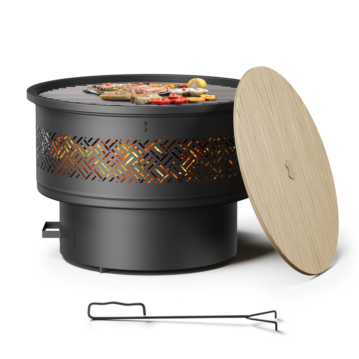 TVOFEK 32 inch Fire Pit with Grill & Lid, Wood Burning Firepits Table with Fire Poker for BBQ, Table, Bonfire