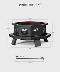 TVOFEK 43 inch Octagon Fire Pit with Grill and Poker, Large Wood Burning Firepits, Outdoor Fire Barrell for Bonfire, Backyard, Patio, Picnic, Camping, Black