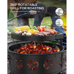 TVOFEK 32'' Fire Pit with Rotatable Grill, Mesh Cover and Poker, Wood Fire Pits for Outside, Round Outdoor Firepit for Patio, Garden, Backyard Bonfire Parties