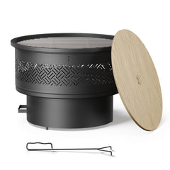 TVOFEK 32 inch Fire Pit with Grill & Lid, Wood Burning Firepits Table with Fire Poker for BBQ, Table, Bonfire
