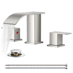 TVOFEK Waterfall Bathroom Faucet 3 Hole, 8 inch Widespread Sink Faucets Matte Black with Metal Pop-up Drain and cUPC Supply Hoses for Vanity Lavatory