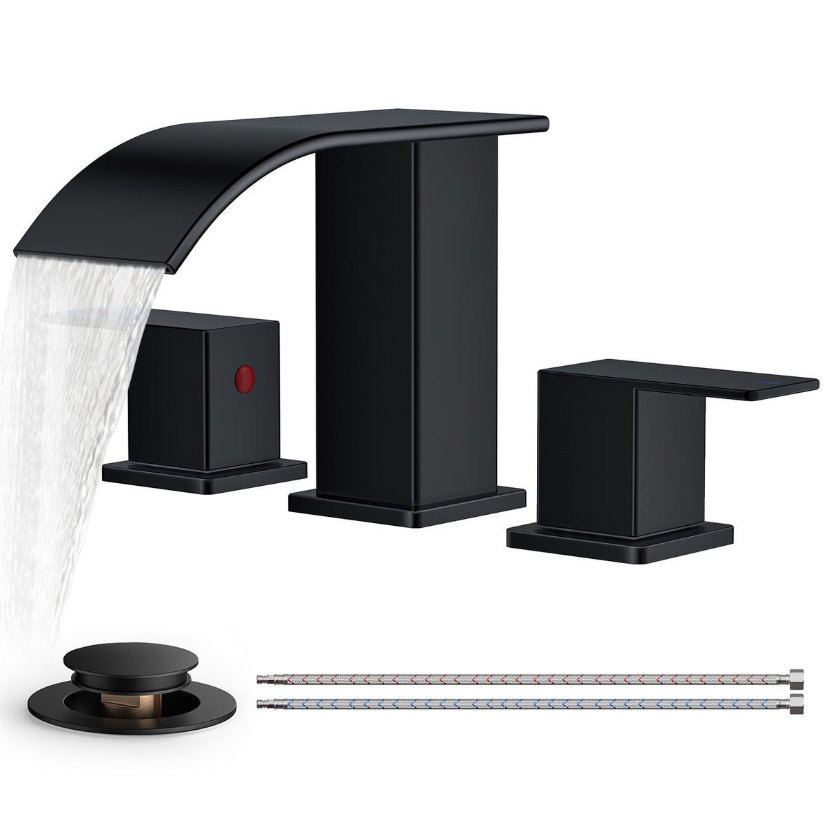 TVOFEK Waterfall Bathroom Faucet 3 Hole, 8 inch Widespread Sink Faucets Matte Black with Metal Pop-up Drain and cUPC Supply Hoses for Vanity Lavatory