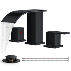 TVOFEK Waterfall Bathroom Faucet 3 Hole, 8 inch Widespread Sink Faucets Matte Black with Metal Pop-up Drain and cUPC Supply Hoses for Vanity Lavatory