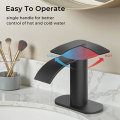 TVOFEK Waterfall Bathroom Faucets, Black Single Handle Bathroom Water Faucet with Metal Pop up Drain and Deck Plate for Basin RV Lavatory Vanity