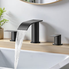 TVOFEK 8 inch Waterfall Bathroom Faucet 3 Hole, Black Widespread Bathroom Water Faucets with Metal Pop-up Drain and Supply Lines for Vanity Farmhouse, Stainless Steel Faucets