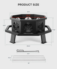 TVOFEK 43 inch Octagon Fire Pit with Grill and Poker, Large Wood Burning Firepits, Outdoor Fire Barrell for Bonfire, Backyard, Patio, Picnic, Camping, Black