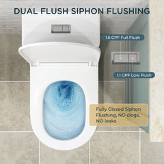 TVOFEK Compact One-Piece Elongated Toilet with Quiet Soft Close Seat, Dual Flush 1.1/1.6GPF, 17"Comfort Height, Easy-Clean Skirted Design, White