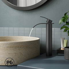 TVOFEK Tall Waterfall Bathroom Vessel Sink Faucet, One Hole Black Bathroom Faucet with Metal Pop up Drain for Basin Bath