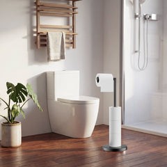 TVOFEK Toilet Paper Holder Freestanding, Stainless Steel Toilet Paper Holder Stand for 4 Rolls with Storage, Stable Weighted Base, Matte Black
