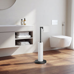 TVOFEK Toilet Paper Holder Free standing Adjustable Height, Stainless Steel Toilet Paper Holder Stand for 4 Rolls with Storage, Stable Weighted Base, Matte Black