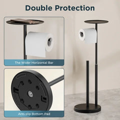 TVOFEK Black Toilet Paper Holder Stand with Top Storage Shelf, Adjustable Height Toilet Paper Roll Holder Free Standing, 304 Stainless Steel and Weighted Base