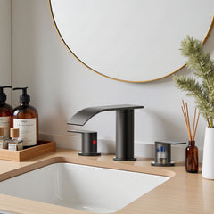 TVOFEK 8 inch Waterfall Bathroom Faucet 3 Hole, Black Widespread Bathroom Water Faucets with Metal Pop-up Drain and Supply Lines for Vanity Farmhouse, Stainless Steel Faucets