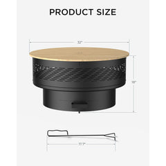 TVOFEK 32 inch Fire Pit with Grill & Lid, Wood Burning Firepits Table with Fire Poker for BBQ, Table, Bonfire