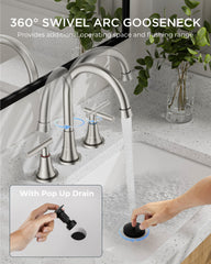 TVOFEK 8 inch Widespread Bathroom Sink Faucet 3 Hole with Pop up Drain and cUPC Hose, 2 Handle Brushed Nickel Vanity Faucet with 360° Spout for Restroom, RV, Bar