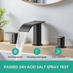 TVOFEK 8 inch Waterfall Bathroom Faucet 3 Hole, Black Widespread Bathroom Water Faucets with Metal Pop-up Drain and Supply Lines for Vanity Farmhouse, Stainless Steel Faucets
