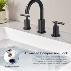 TVOFEK Black Bathroom Faucets for Sink 3 Hole, 8 inch Widespread Water Faucet with Metal Pop-up Drain, Aerator and cUPC Supply Hoses