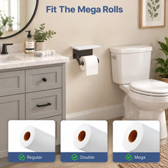TVOFEK Toilet Paper Holder with Marble Shelf, Wall Mounted Tissue Roll Holder with Phone Storage, SUS304 Stainless Steel Bathroom Toilet Paper Dispenser for Bathroom, Washroom, Matte Black