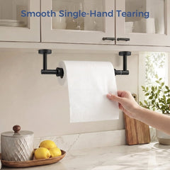 TVOFEK Paper Towel Holder Under Cabinet, Stainless Steel One-Handed Tear Paper Roll Holder with Ratchet System, Drill Mount Commercial Paper Towel Rack for Kitchen, Round Base, Matte Black