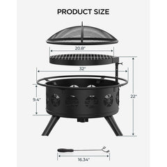 TVOFEK 32'' Fire Pit with Rotatable Grill, Mesh Cover and Poker, Wood Fire Pits for Outside, Round Outdoor Firepit for Patio, Garden, Backyard Bonfire Parties