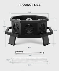 TVOFEK 43 inch Octagon Fire Pit with Grill and Poker, Large Wood Burning Firepits, Outdoor Fire Barrell for Bonfire, Backyard, Patio, Picnic, Camping, Black