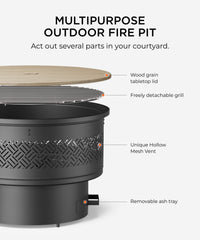 TVOFEK 32 inch Fire Pit with Grill & Lid, Wood Burning Firepits Table with Fire Poker for BBQ, Table, Bonfire