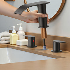 TVOFEK 8 inch Waterfall Bathroom Faucet 3 Hole, Black Widespread Bathroom Water Faucets with Metal Pop-up Drain and Supply Lines for Vanity Farmhouse, Stainless Steel Faucets