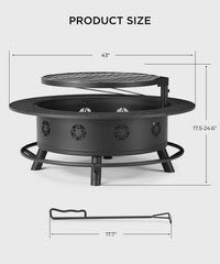 TVOFEK 43 Inch Fire Pit with BBQ Grill, Large Wood Burning Fire Pits with Lid, Fire Poker and Cooking Grate for Backyard, Patio